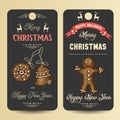 Festive banners with greeting inscription Merry Christmas and Happy New Year and hand-drawn gingerbread. Sketch. Happy Holidays.