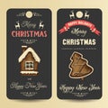Festive banners with greeting inscription Merry Christmas and Happy New Year and hand-drawn gingerbread. Sketch. Happy Holidays.
