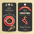 Festive banners with the inscription greeting Merry Christmas and Happy New Year. Coffee, gingerbread and holiday candies. Happy