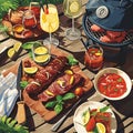 festive barbecue scene with grilled meats, savory sides, and summery drinks