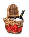 Festive basket with bottle of wine and gift