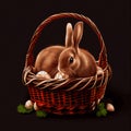 Festive basket with cute rabbit and easter orthodox eggs on dark background - Vector