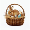 Festive basket with cute rabbit and easter orthodox eggs on a light background - Vector