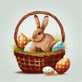 Festive basket with cute rabbit and easter orthodox eggs on a light background - Vector