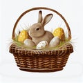 Festive basket with cute rabbit and easter orthodox eggs on a light background - Vector