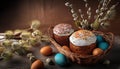 Easter baskets filled with colorful eggs and traditional baked goods displayed on a rustic wooden table Royalty Free Stock Photo