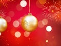 Festive Bauble Delights: Christmas Bokeh Effect in Light Orange and Dark Gold, Illuminating the Red Background. Royalty Free Stock Photo