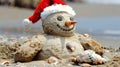 Festive Beach Sandman with Santa Hat and Seashells Royalty Free Stock Photo