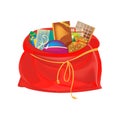 Festive beautiful, big New Year`s bag, with gifts, games, sweets.