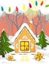 Festive and beautiful house in the fairy forest with snow and Christmas trees