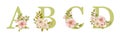 Festive beautiful watercolor alphabet with delicate pink spring flowers