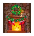 Festive, beautifully decorated brick christmas fireplace in living room.