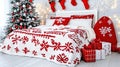 Festive bedroom Christmas blanket, tree, gifts Royalty Free Stock Photo