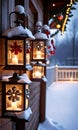 Festive Bells Ringing On A Snowy Porch Beside Lanterns, Twilight, Outdoor, Close-Up. Generative AI