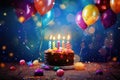 A festive birthday cake with lit candles surrounded by colorful balloons, ready to bring joy and celebration, Happy birthday cake Royalty Free Stock Photo