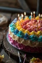 Festive birthday cake with swirls of multicolored frosting and lit candles in soft focus Royalty Free Stock Photo