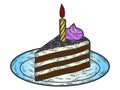 Festive birthday chocolate cake with candle color. Engraving raster