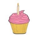 Festive birthday cupcake with candle on white, stock vector illu Royalty Free Stock Photo