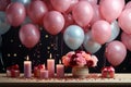 Festive birthday scene, frame, balloons, confetti, pink table, flat lay Royalty Free Stock Photo