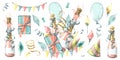 Festive birthday set with composition and elements of champagne, balloon, gift box, flags, flowers and cap. Watercolor Royalty Free Stock Photo