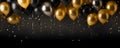 Festive black and gold balloons and confetti on a black background celebration design