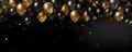 Festive black and gold balloons and confetti on a black background celebration design
