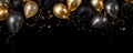 Festive black and gold balloons and confetti on a black background celebration design