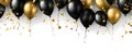 Festive black and gold balloons and confetti on a white background celebration design Royalty Free Stock Photo