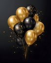 Festive black and gold balloons and confetti on a black background celebration design