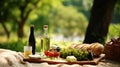 Festive bokeh backdrop with a bountiful picnic spread of finger foods and sparkling beverages