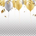 Festive border of gold and silver balloons with flying ribbons and confetti