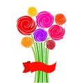 Festive bouquet of flowers with red ribbon. Vector illustration