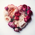 Festive bouquet in the form of a heart of red and pink rose flowers on a white background. Generative AI, generative artificial in Royalty Free Stock Photo