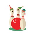 Festive bowling party pins in Elves hats icon