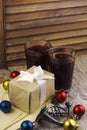 festive box with satin ribbon holiday decorative christmas toys Royalty Free Stock Photo