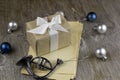 festive box with satin ribbon holiday decorative christmas toys Royalty Free Stock Photo