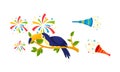 Festive Brazil Attributes with Fanfare and Toucan Bird Sitting on Tree Branch Vector Set Royalty Free Stock Photo