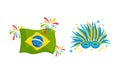 Festive Brazil Attributes with National Flag and Feathered Mask Vector Set