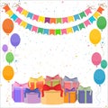 Festive bright background with garlands of flags, confetti, gift boxes and balloons. Royalty Free Stock Photo