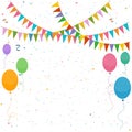 Festive bright colorful background with flags, balloons and confetti. Royalty Free Stock Photo