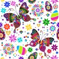 Festive bright seamless Easter pattern with butterflies, flowers and decorated eggs