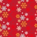 Festive bright seamless pattern of gold, silver and red snowflakes on a Burgundy background, vector for Christmas and new year Royalty Free Stock Photo