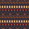 Festive bright seamless pattern with lined elements on dark blue background.