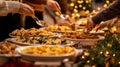 Festive Buffet Table with People Serving Themselves Royalty Free Stock Photo