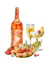 Vintage watercolor illustration with champagne or wine. Two glasses, fruits, seafood and the bottle isolated Royalty Free Stock Photo