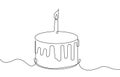 Festive cake with candle in continuous line. Royalty Free Stock Photo