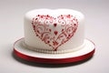festive cake covered with white mastic, decorated with red heart-shaped pattern, on white background Royalty Free Stock Photo
