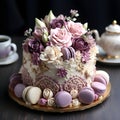 Festive cake decorated with flowers made from culinary mastic