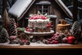 Festive cake dessert with sugar berries on wooden plate with Christmas decor pine cones and snow
