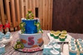 Festive candy bar for 5 years old boy birthday party. Blue cakepops, cupcakes. Sweet Cake Teenage Mutant Ninja Turtles